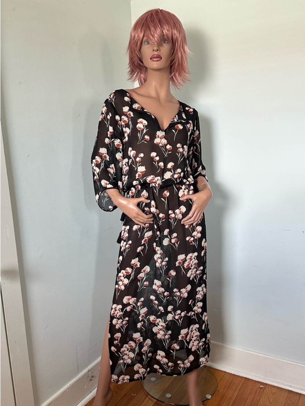 Tory Burch Black Floral Silk Maxi Dress with Drawstring waist and Tassle Ties